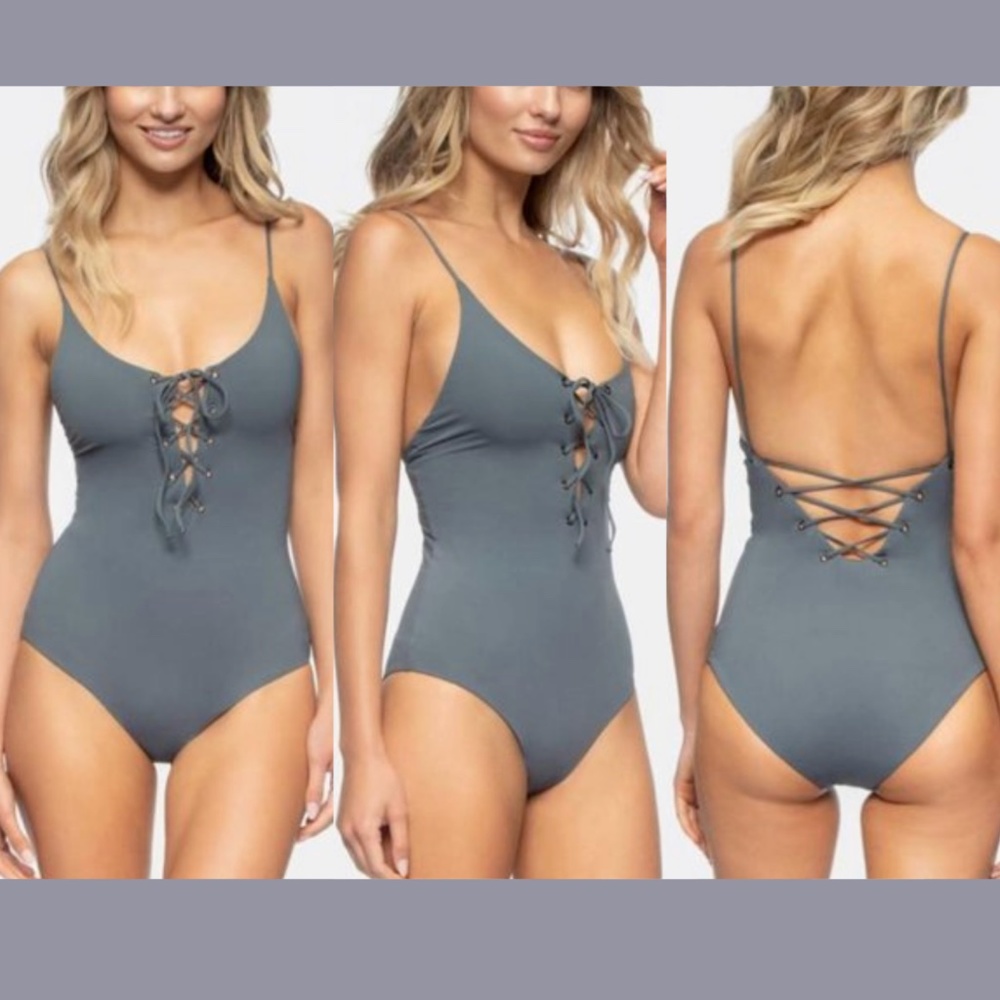 NWT TAVIK [ Small ] Monahan Lace Up One Piece Swimsuit Turbulence Grey‎